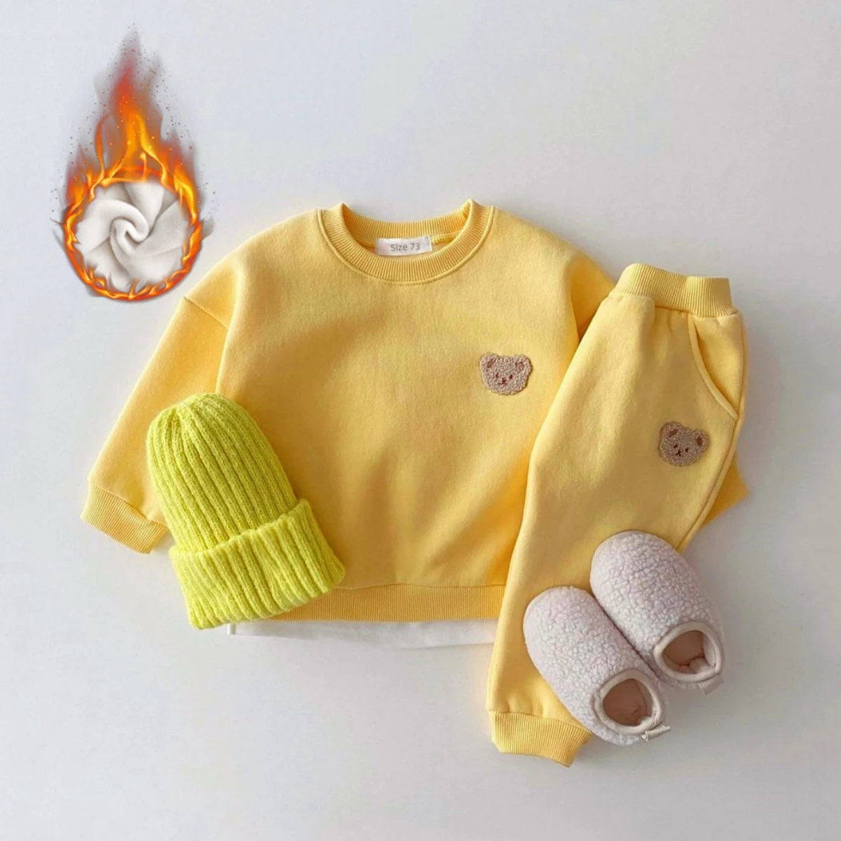 Korean Winter Warm Velvet Newborn Set Little Bear Embroidery Sports Pullover Top+Pants Two Piece Set with Wool Lining Clothing