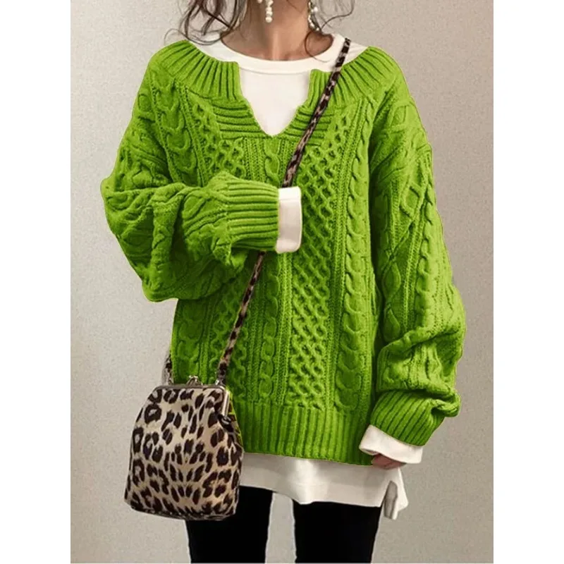 New Women's Knitted Solid Color Loose Pullover Sweater 2023 Autumn Winter Sweater Top Women's Fashion Long Sleeve V-neck Sweater