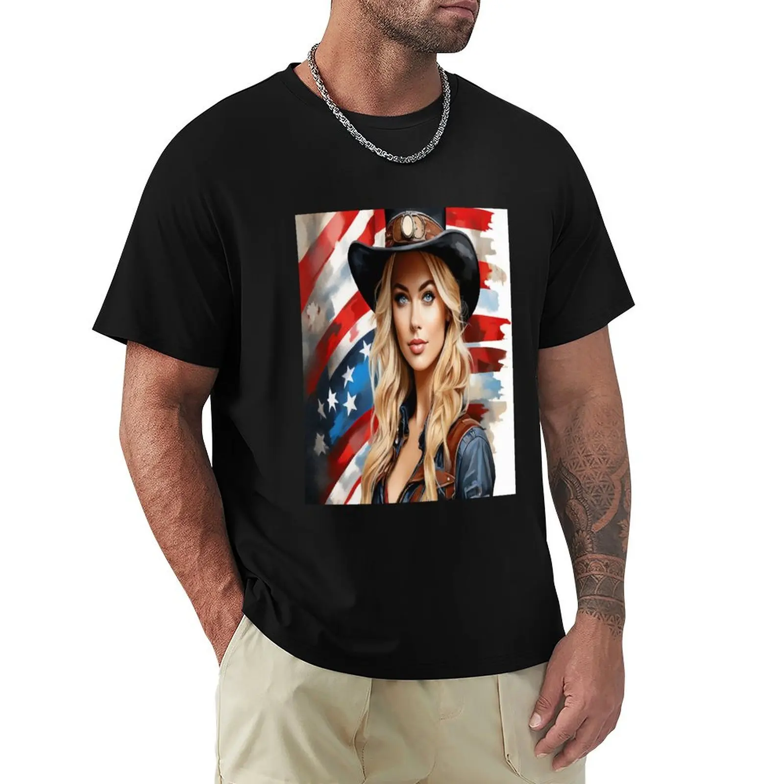 Steampunk chick in front of American flag T-Shirt Modern Print Casual T-Shirt