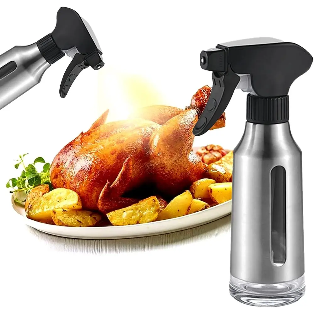 Pulverizador de aceite, pulverizador de aceite de oliva de acero inoxidable para cocinar, botellas dispensadoras con boquilla negra para freidora de aire, pulverizador de aceite de vidrio con control de flujo 6.3