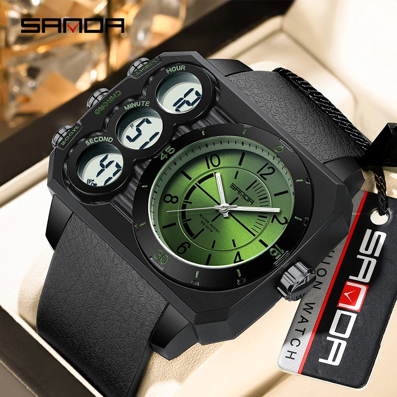 SANDA 6237 Big Dial Multi functional Waterproof Night Light Alarm Clock Sports Outdoor Silicone Strap Watch Men's montres hommes image 4
