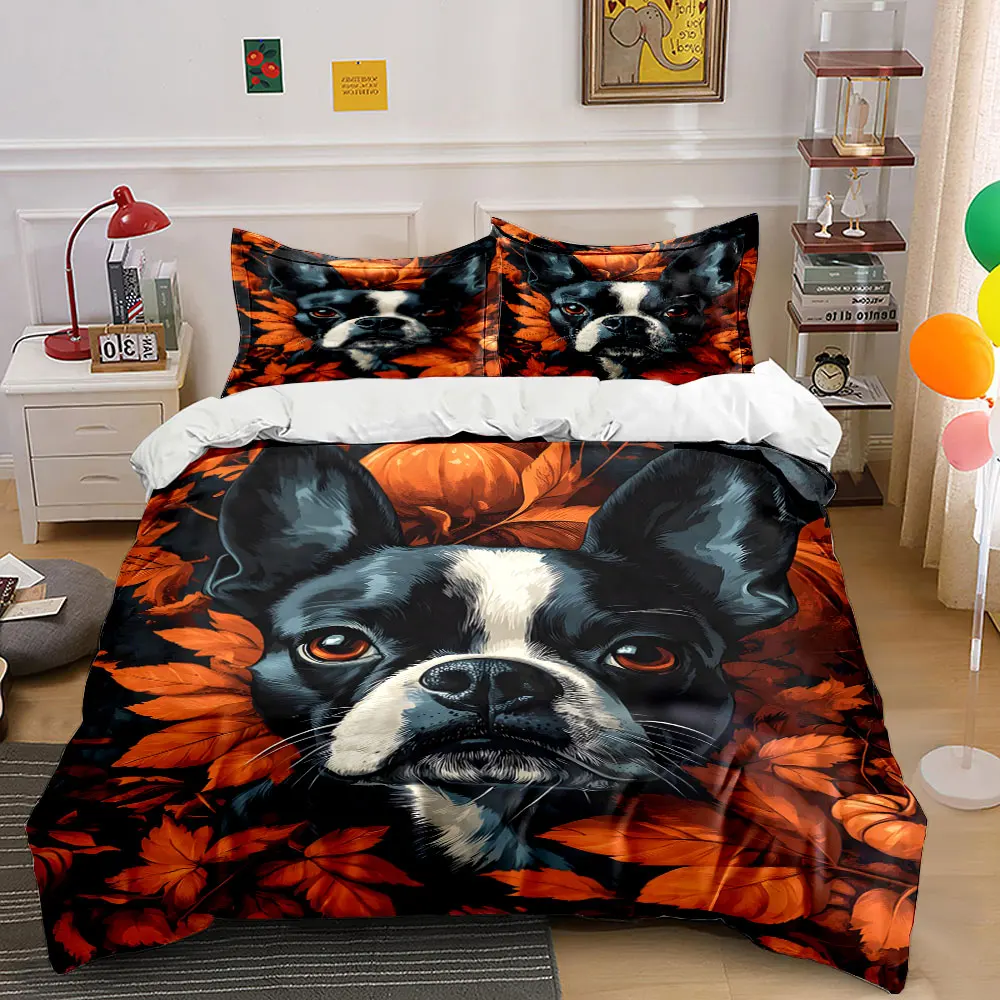 Black and white dog with orange foliage Duvet Cover Set with 3D Printing Design Soft Polyester Bedding Set All-Season Comfort