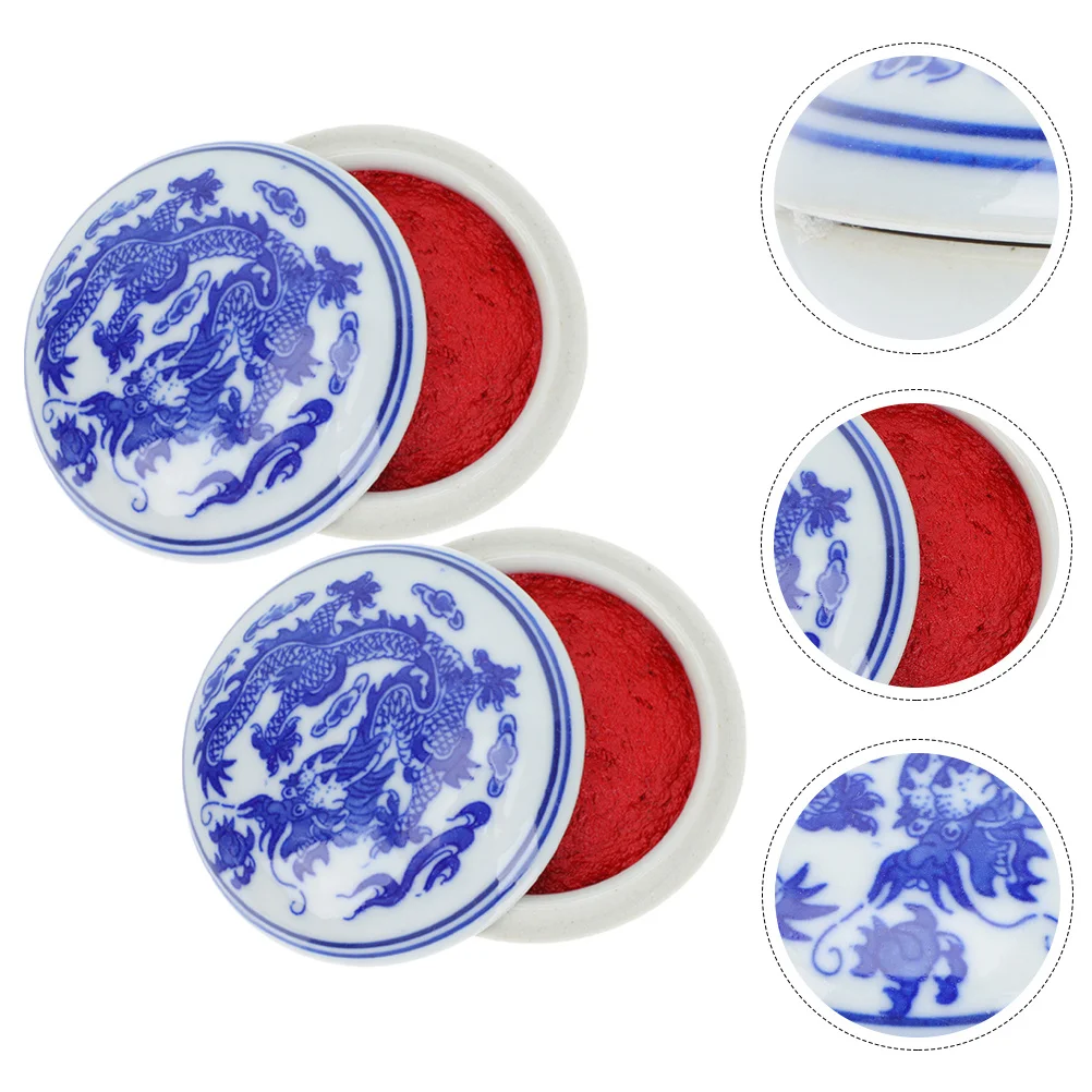 

2Pcs Chinese Style Ink Pad Exquisite Ceramic Red Ink Paste for Calligraphy Painting Drawing Multipurpose Artwork Craft