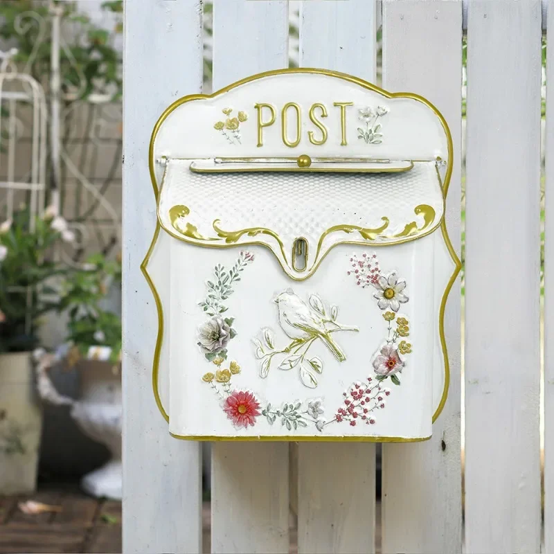 European Floral Bird Wall‑Mount Mailbox 3D Embossed Wrought Iron Delivery Box for Outdoor Garden Indoor Storage Decor