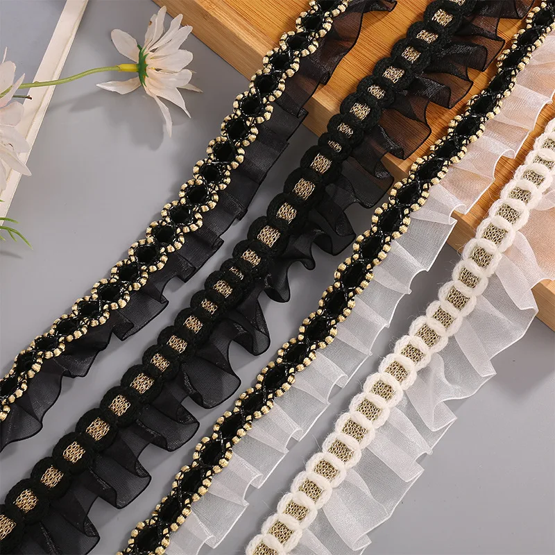 45 Yards 40MM Black White Fold Lotus leaf Edge Gold Wire Chiffon Ribbon Hair Bows DIY Handmade Accessories Crafts