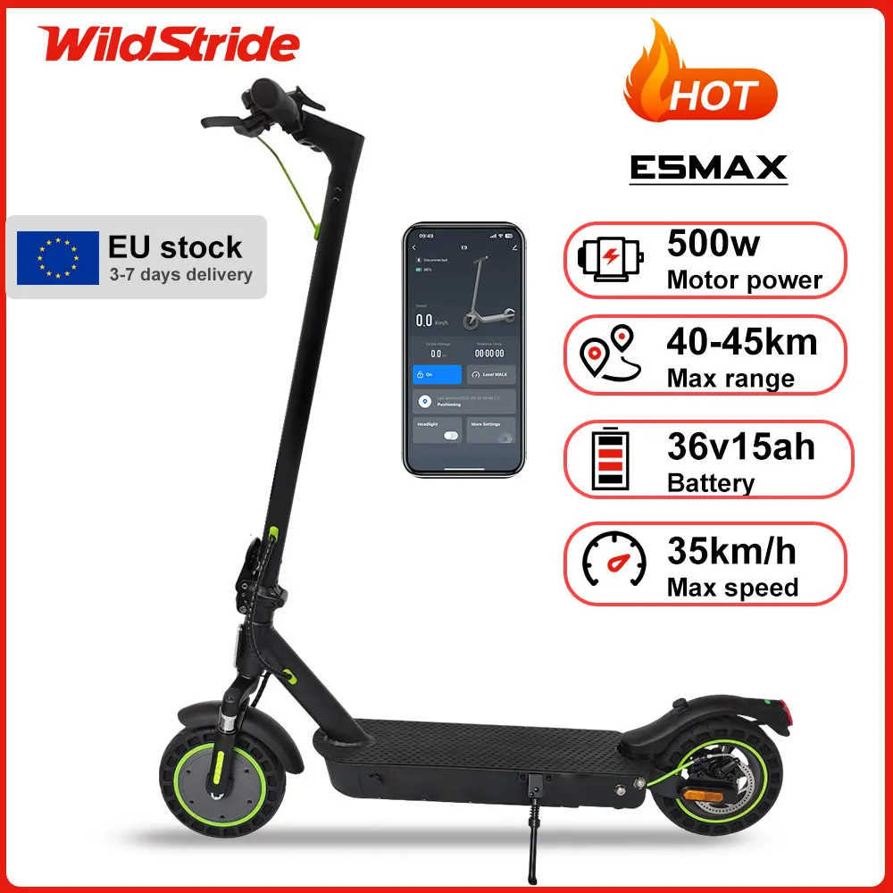 Trottinette électrique Wildstride, moteur 500W, autonomie 45 km, batterie 36V15Ah, pneu nid d'abeille 10 pouces, vitesse 35 km/h, double suspension, E5MAX trottinettes électriques