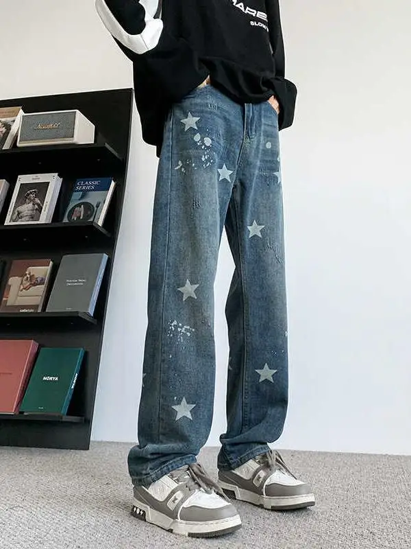 

Мужские джинсы свободного кроя с принтом «звезды», прямые, в американском стиле, осенние, новая модная коллекция, повседневные, износостойкие, в стиле High Street