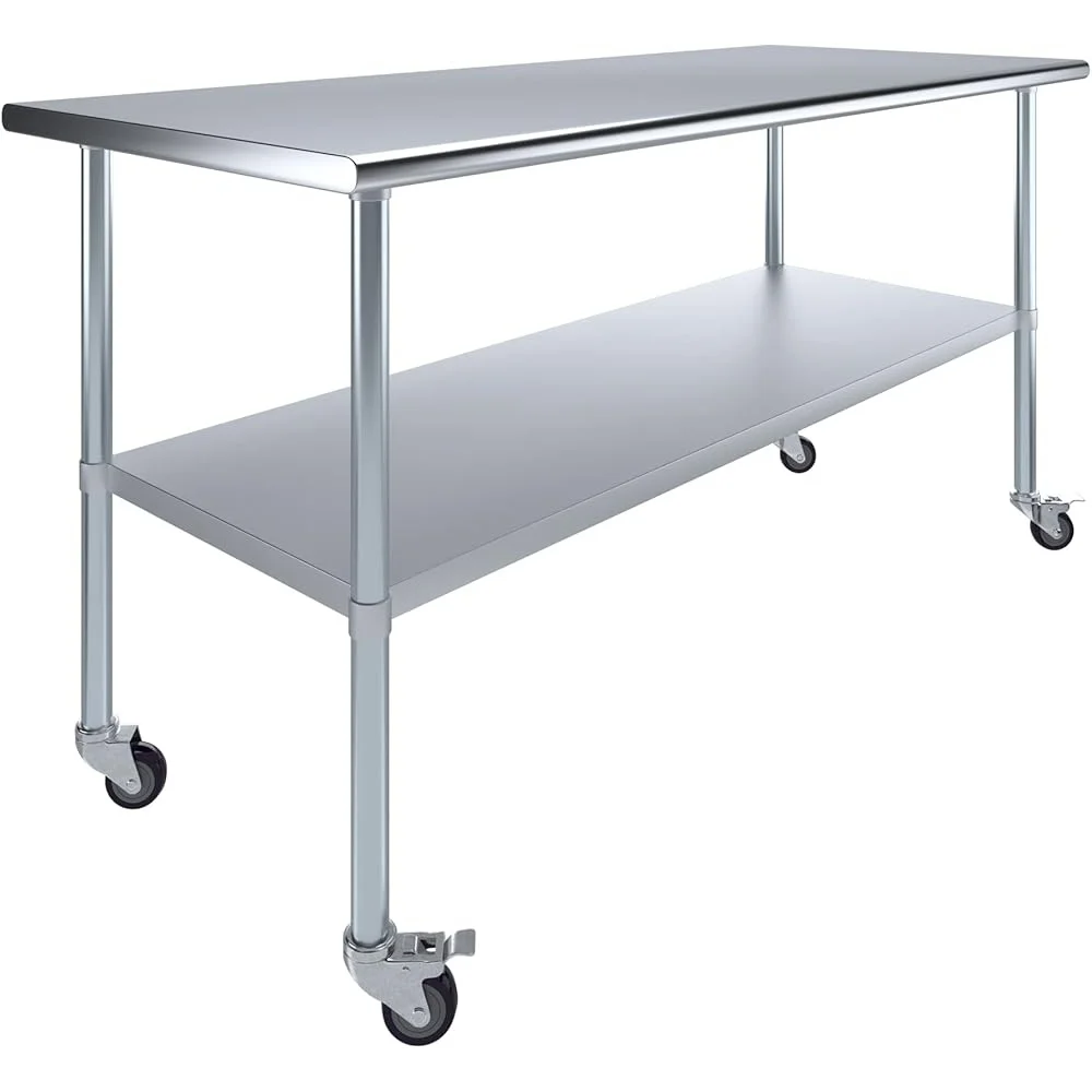 

Stainless Steel Work Table with Wheels NSF Certified Heavy Duty Metal Kitchen Prep Table Adjustable Feet Commercial Use