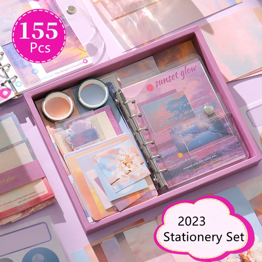 155 Pcs Scenery Serie Gift Box Notebook Washi Tape Acuadernos Binder Post It Sticker Kawaii Papel Japanese Korean Stationery Set