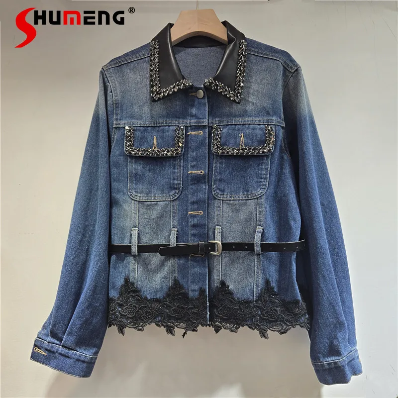 

Fashion Waist-tight Denim Jackets Women 2025 Autumn New Contrast Color Splicing Lace Denim Coats Trend Versatile Lapel Chic Tops