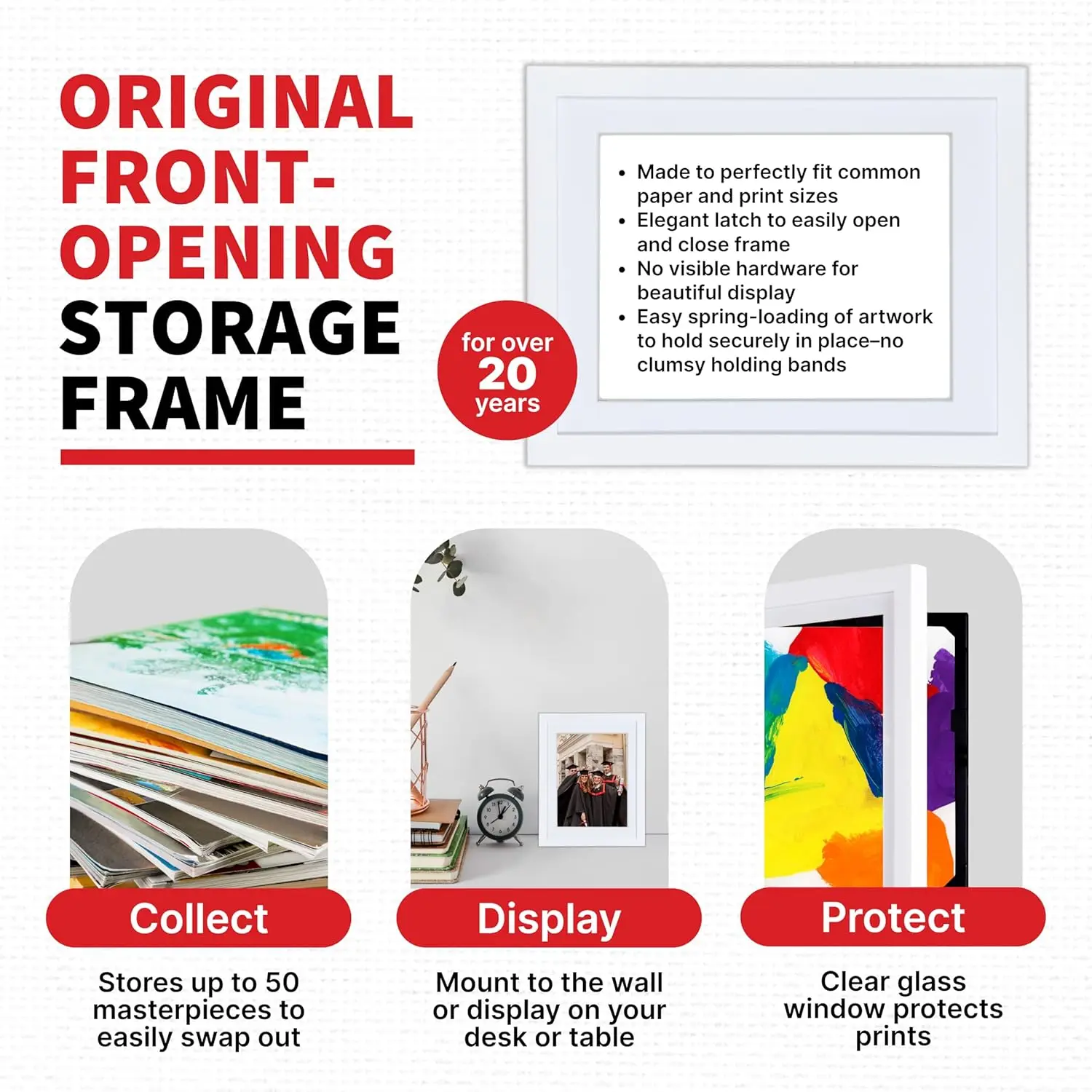خزانة عرض فنية للأطفال، تحمل 50 قطعة فنية مقاس 8.5 × 11 بوصة، إطار أبيض مع فتحة أمامية لسهولة التحديثات