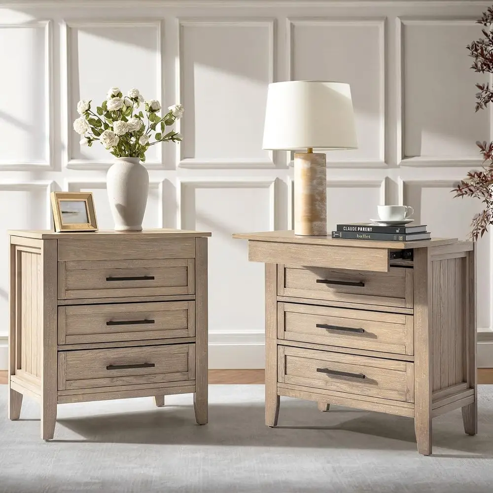 

30 Oak Wood Nightstand Set of 2 with Pull-Out & Charge Station