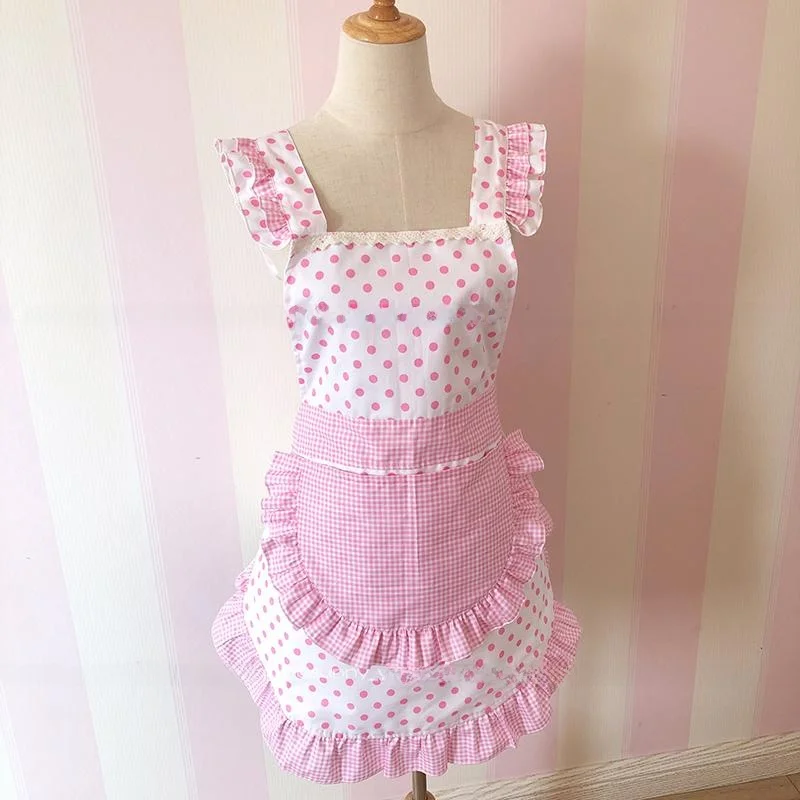 Pure Cotton Polka Dot Apron Korean Sle Country Princ Lace Cover up Non Disposable Cleaning Tool for Women