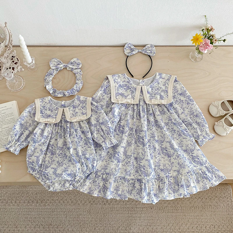 2025 New Autumn Children Clothes 2-7Yrs Girl Party Dress Long Sleeved Cotton Print Kids Princess Dresses Baby Girl Romper