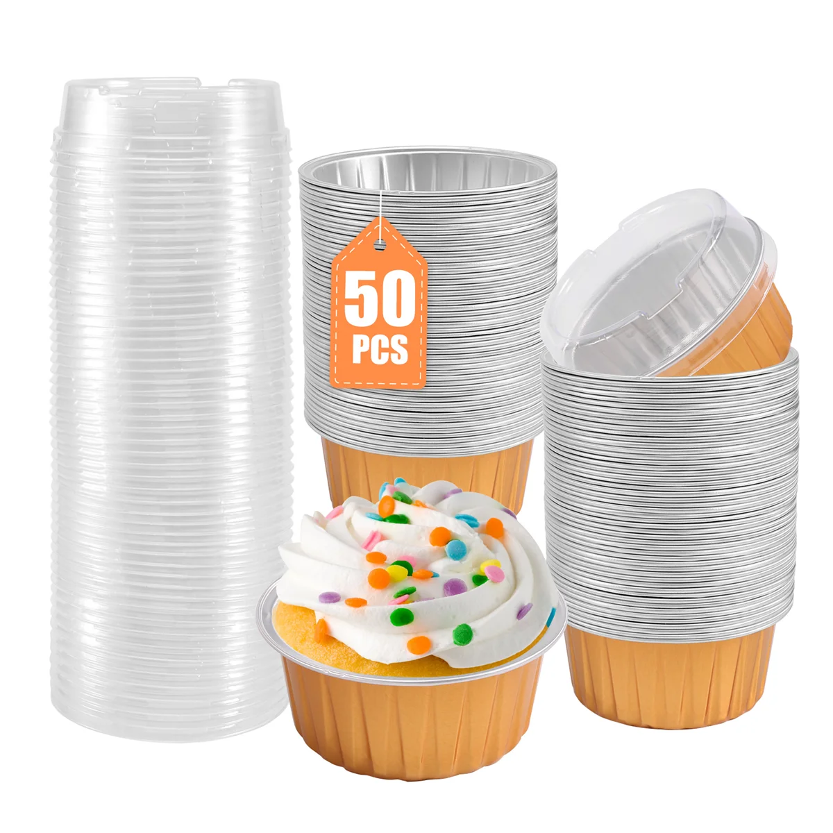 AAAF Dessert Cups with Lids, 50 Pack Gold Aluminum Foil Baking Cups Holders, Cupcake Bake Utility Ramekin Clear Pudding Cups