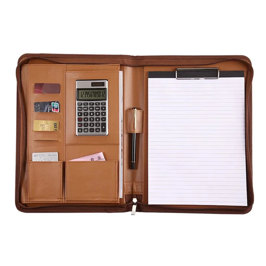 Multifunctional High quality Zipper Padfolio PU leather A4 File Folder Business Manager bag for Documents Clip Office Supplies