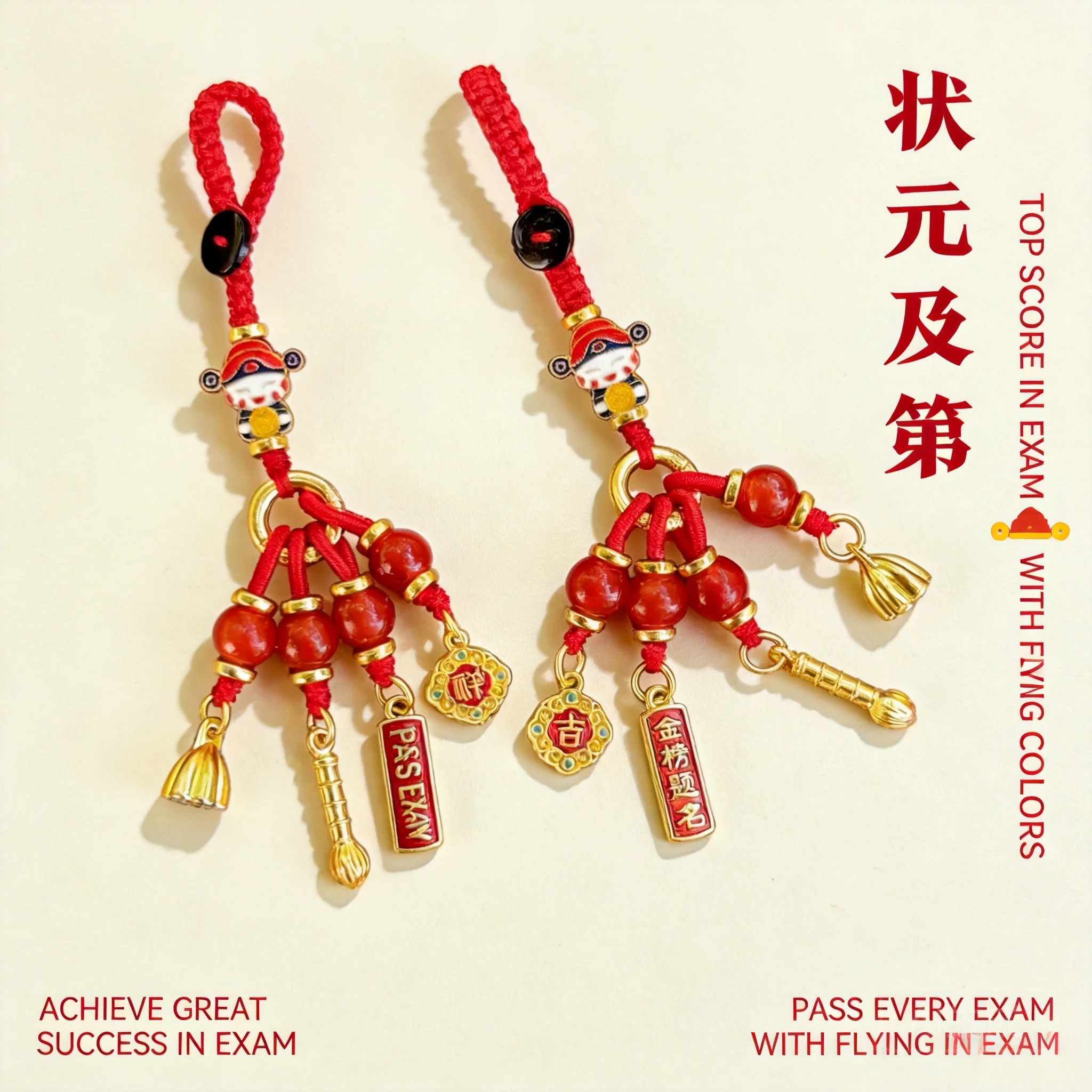Chinese Style Lucky Exam Success Blessing Keychain Traditional Red Rope Auspicious Golden Pendant Bag Backpack Hanging Good Luck