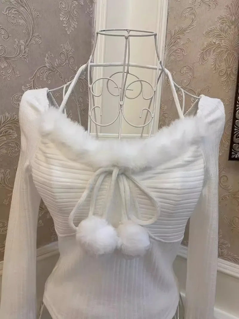 New Japanese Solid Color Girl Faux Rabbit Furry Bow Bandage Fur Ball Slim-Fit Halter Navel-Exposed Short Top Autumn Thin Sweater