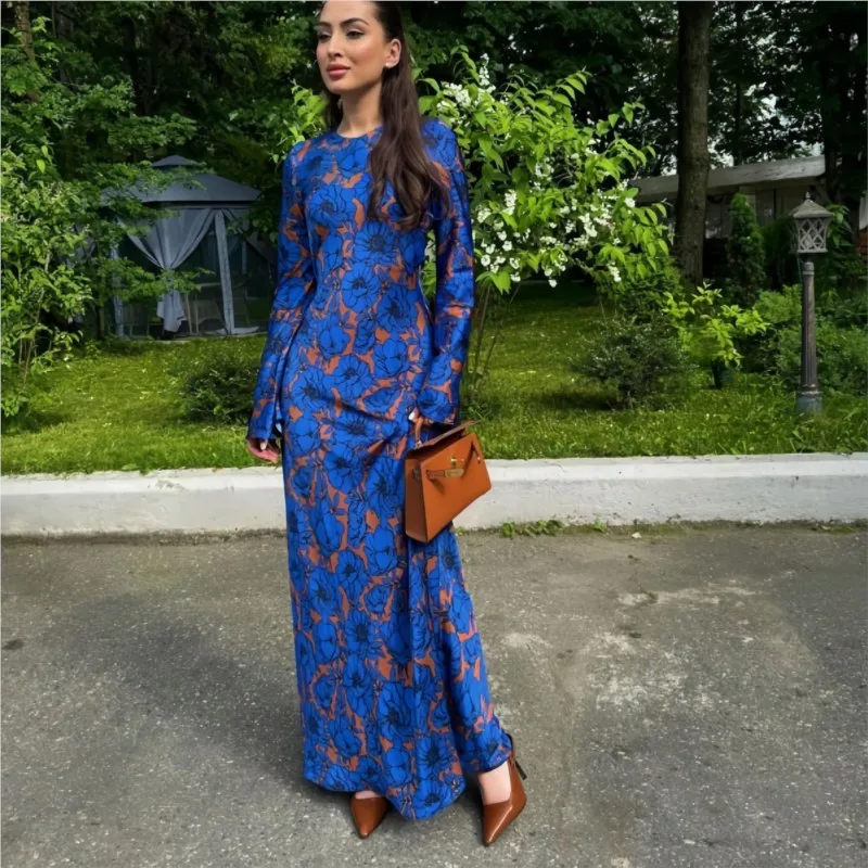 Modieuze meerkleurige print lange mouw taille-klinkende jurk lange rok grensoverschrijdende dames nieuwe 2025, elegante sfeer