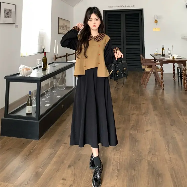 

Fake Two-Piece Splicing Dress Women Autumn New Style Doll Collar Korean Style Mid-Length Loose Design Long-Sleeved Skirt