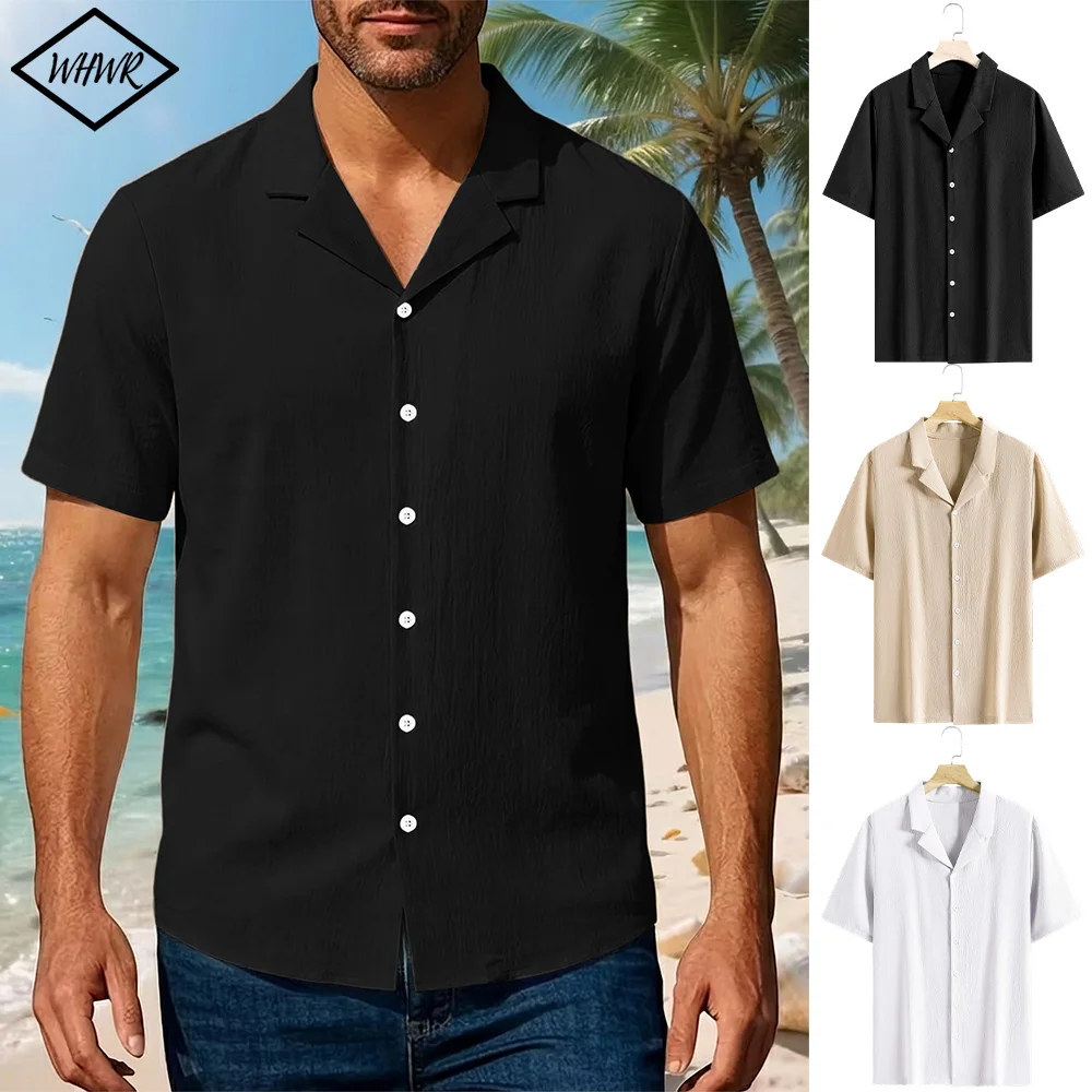 

Men's Casual Short Sleeve Shirts Summer Solid Color Loose Breathable Shirt Beach Vacation Button Blouse Male Streetwear Tops