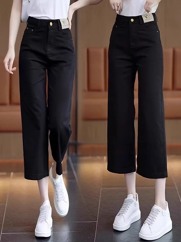 Plones Vaqueros de Pierna Ancha para Mujer, Cintura Alta, Corte Recto, Casus, Largo Ocho Dieces, Color Puro, Tela Denim
