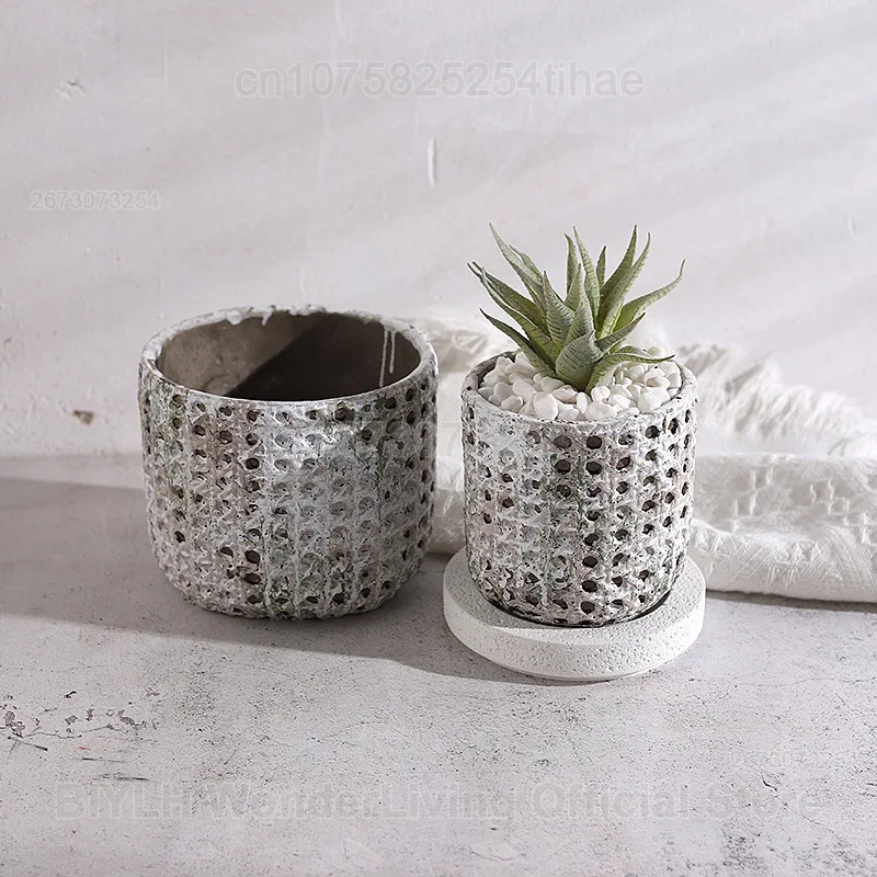 Bamboo Woven Grid Cement Flower Pot Moss Retro Style Craft Potted Utensils Indoor and Outdoor Garden Decoration Ornaments