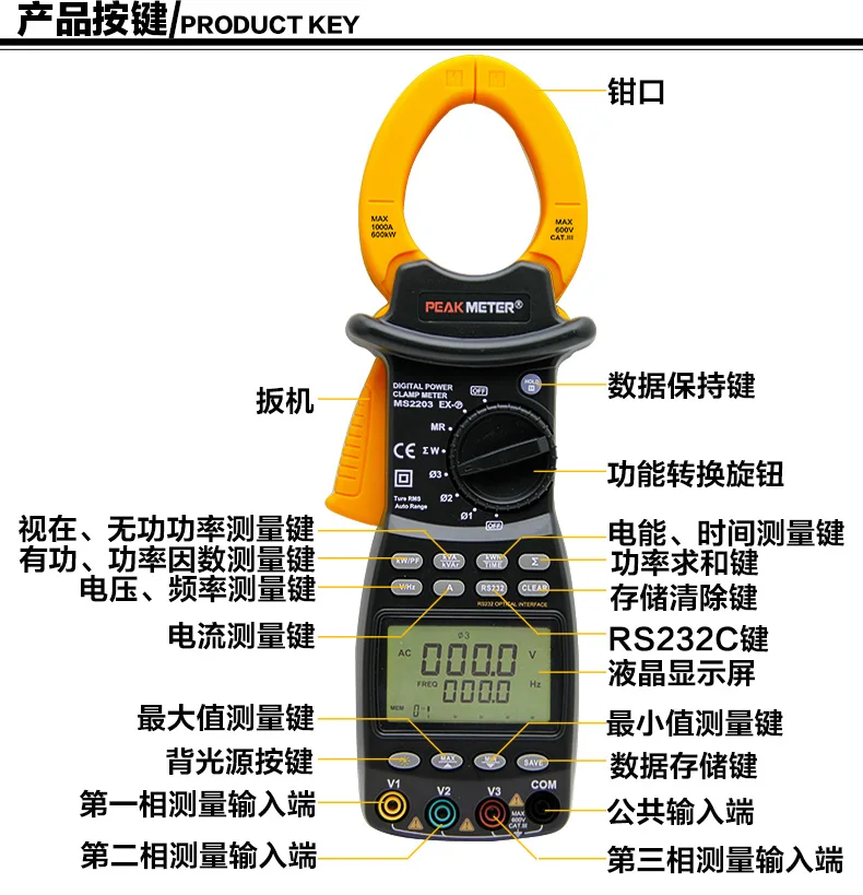 Huayi MS2203 three-phase power meter intelligent high-precision active reactive power factor apparent frequency clamp tester