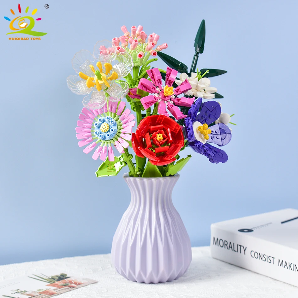 HUIQIBAO MOC Flower Model Building Blocks 3D Bouquet Plants Sunflower Rose Bricks Kits Children DIY Educational Toys Home Decor