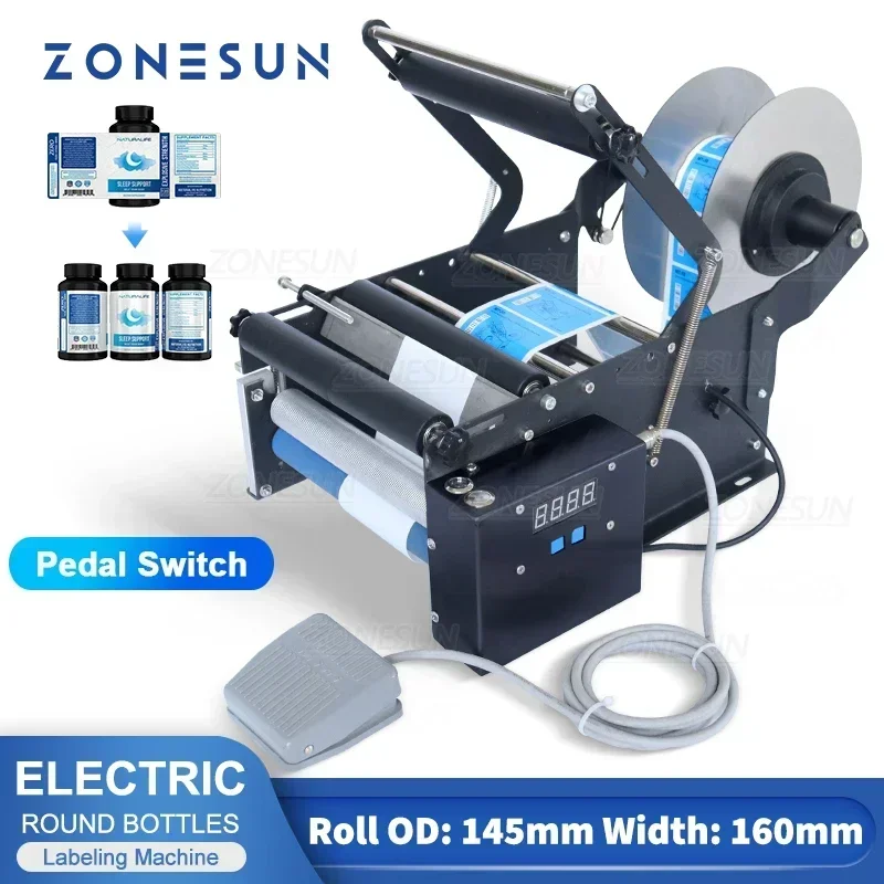 ZONESUN-máquina etiquetadora de botellas redondas con Pedal eléctrico inteligente, botella de plástico y vidrio, pegatina para tarros, etiquetadora