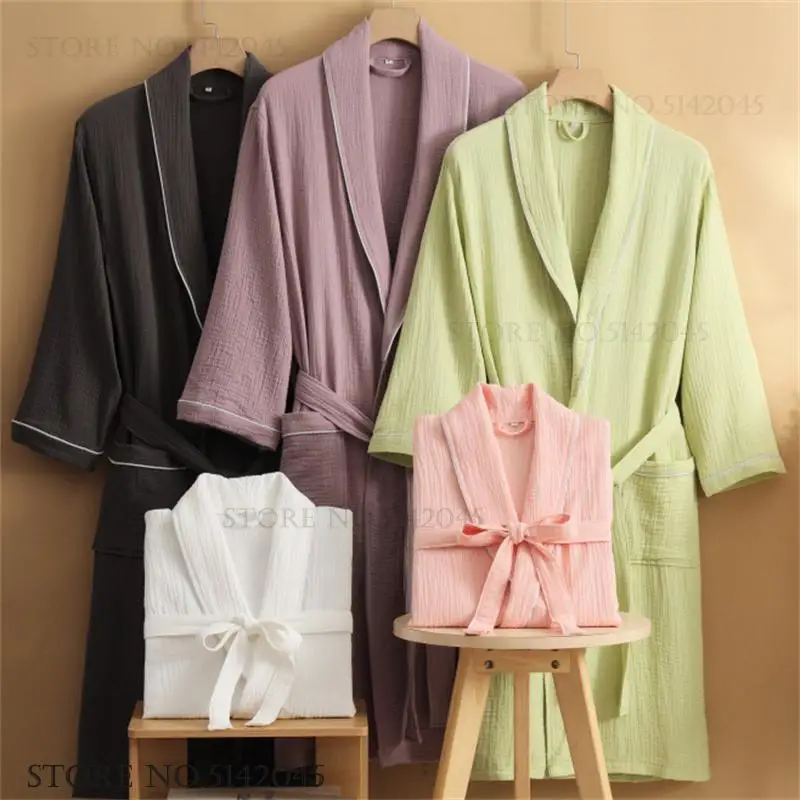 Double Layer Cotton Gauze Couple Robe Sleepwear 100% Cotton Skin-Friendly Breathable Bathrobe Home Dress Loose Women Nightwear