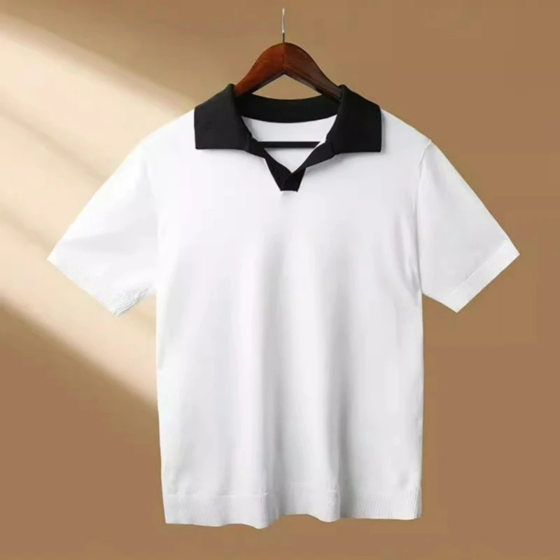 

Summer Thin Knitted Short-sleeved Boys Trendy Brand Fashion Lapel T-shirt Summer New Men's Ice Silk Sweater Comfort Fashion
