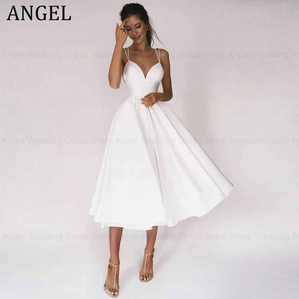 

ANGEL Satin Sexy Wedding Dresses 2026 Straps Criss Cross Simple V Neck Short Bridal Dresses A-Line Vestidos De Noiva Bride Gowns