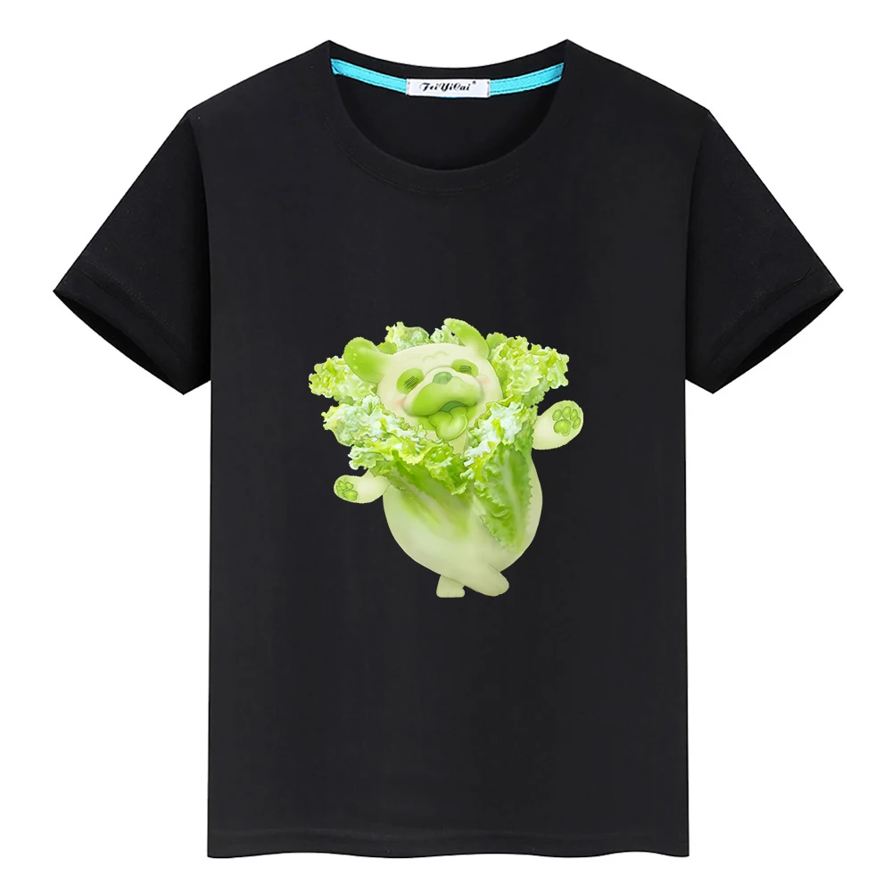 Vegetable Fairy Greens Pug T-shirt 100% Cotton Short Sleeve Tee-shirt Comfortable Boys and Girls Tshirts Kawaii Cartoon Soft Tee