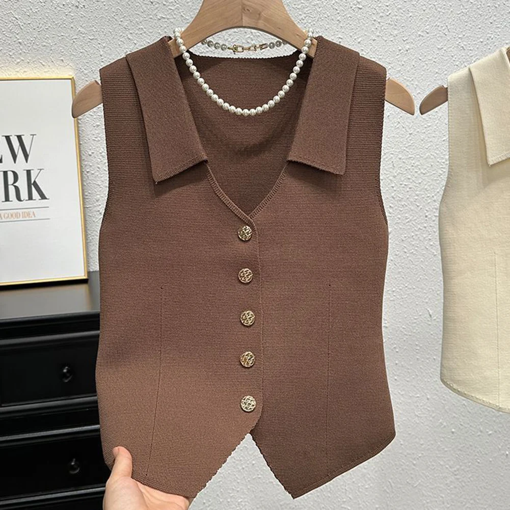 Retro style sleeveless vest top for women with Vneck metal button layered knit fabric suitable for spring summer autumn winter
