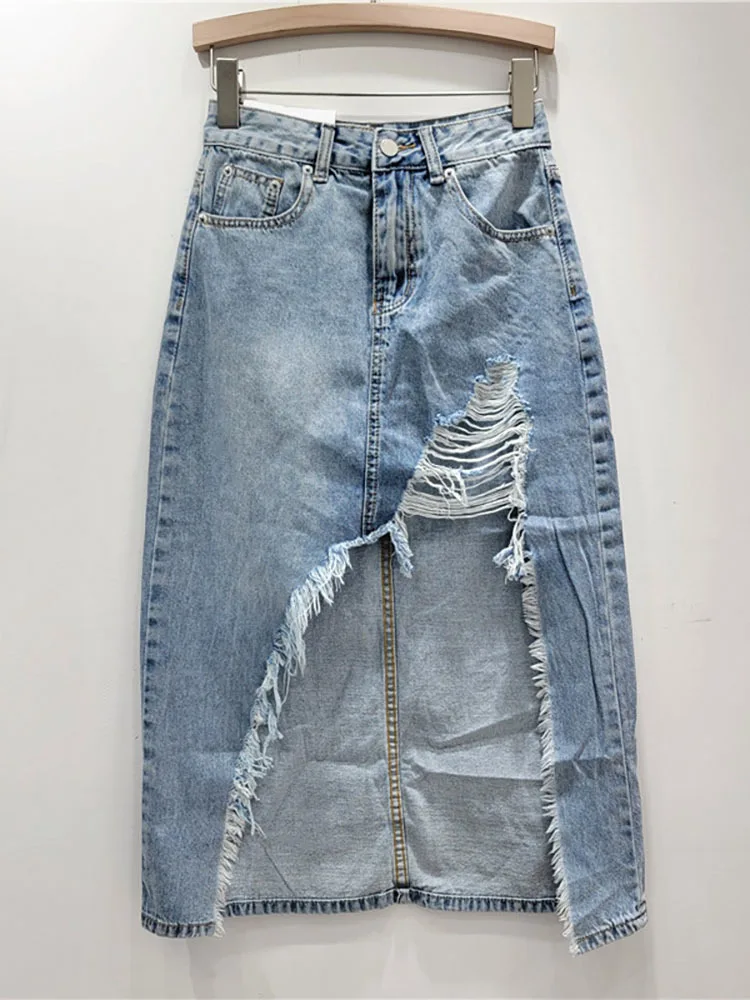 DEAT Women's Denim Skirt High Waist Broken Holes Do Old Asymmetric A-line Female Long Skirts 2024 Autumn New Fashion 29L7518