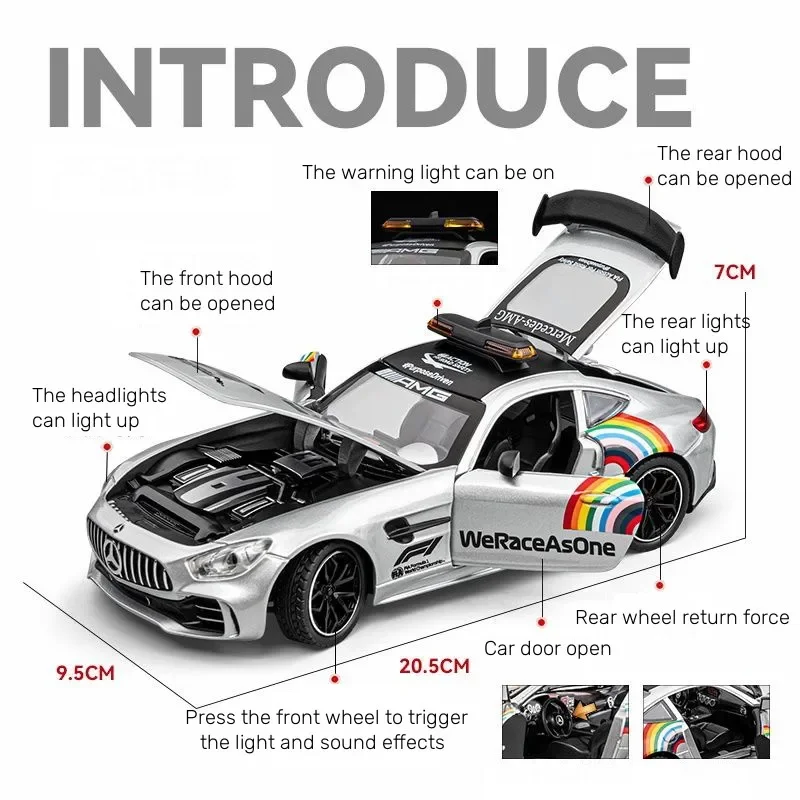 รถโมเดลอัลลอย AMG GT F1 Safety Car ขนาด 1:24 พร้อมเสียงและไฟ ของเล่นรถแบบดึงหลัง ของสะสมสำหรับเด็กผู้ชาย ของตกแต่ง ของขวัญ