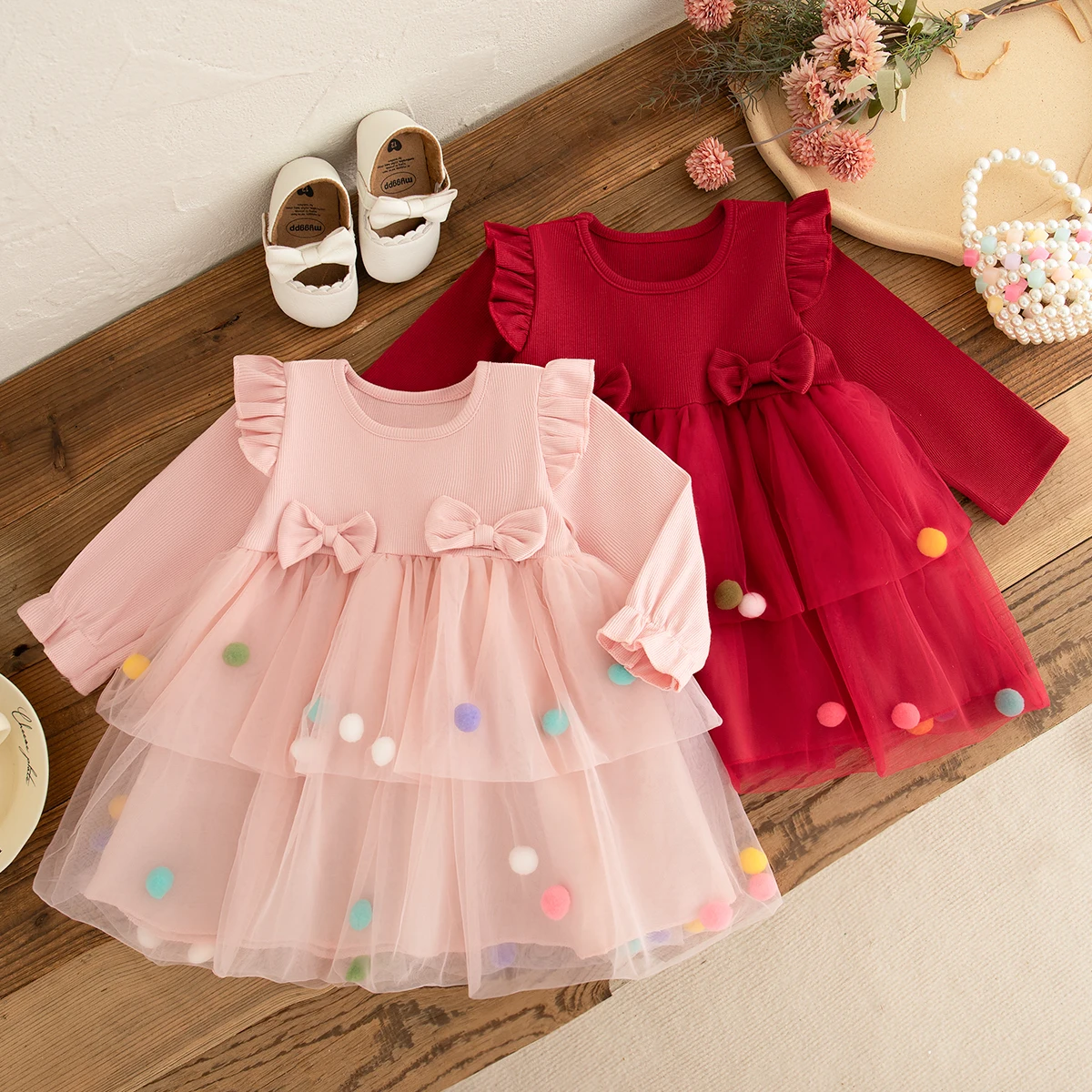 

New Spring Girls Dress Round Neck Long Sleeve Dress Bow Knit Top Pompadour Princess Skirt Small Flying Sleeve Color Ball