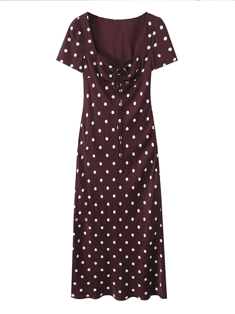 HH Women 2026 Summer Fashion Charm Retro Elegant Polka Dot Lace-Up Short-Sleeved Dress Female Temperament Zipper Slim Long Dress