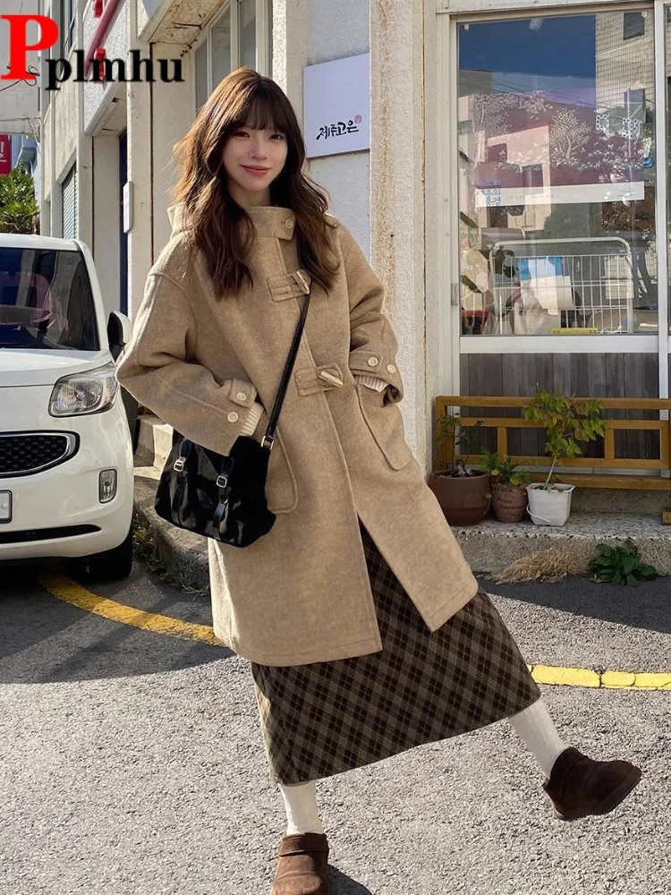 

Korean Fashion Hooded Abrigos Coat Women's Casual Thickened Baggy Casaco Jackets Elegant Loose Single Breasted Button Chaquetas