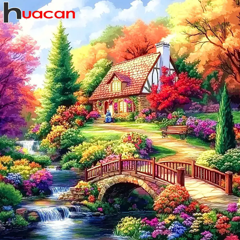 Huacan كامل مربع جولة الماس اللوحة منزل حديقة الماس الفسيفساء المشهد الفن اللوحات الزخرفية