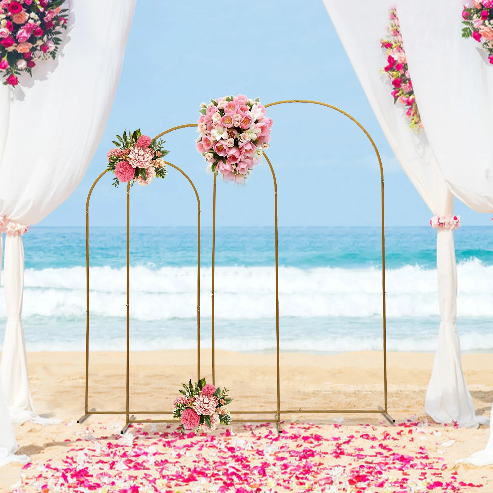 

3PCS DIY Gold Wedding Arch Backdrop Stand Party Venue Decor Flower Display Frame Background Metal Rack Arch 5.9/6.6/7.2ft Height