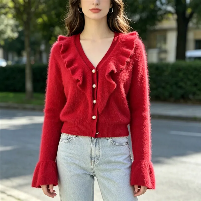 Ladies Women Autumn Winter Fashion Hairy Angora Rabbit Hair Knit Flared Sleeves V-Neck Ruffle V-neck Slim Cardigan Sweater Coat