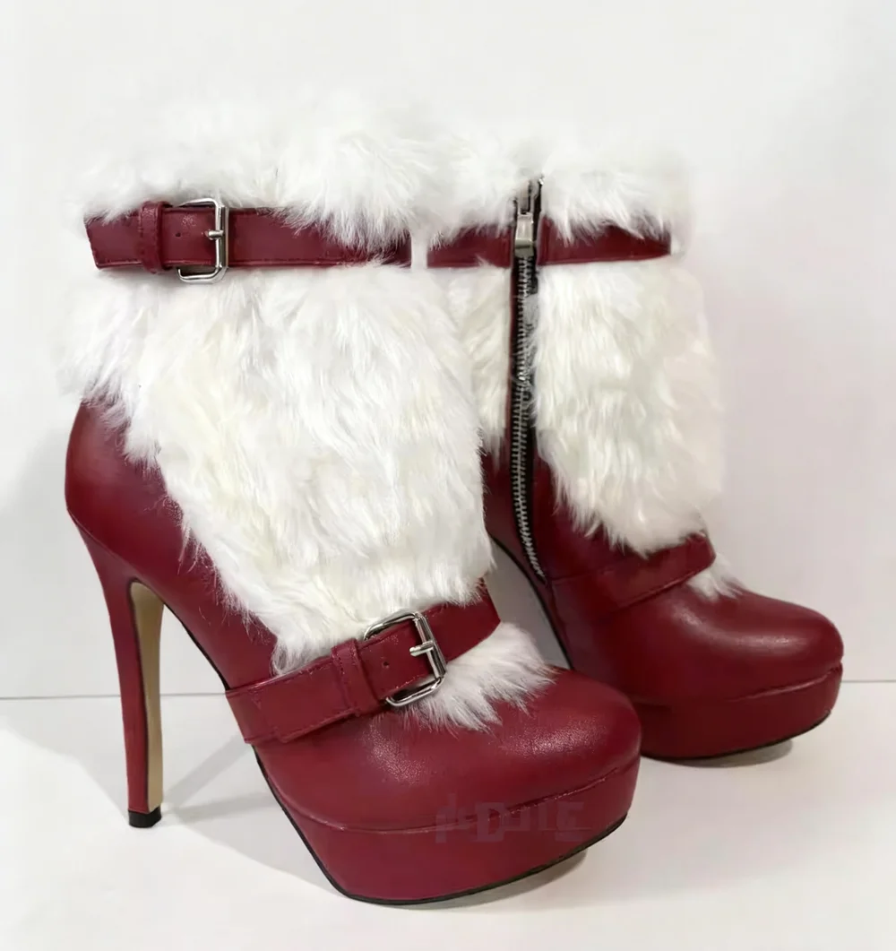

Fashion Stiletto Heel Ankle Boots Burgundy Leather Faux Fur Platform Elevation Buckle Strap Side Zipper Women's Boots