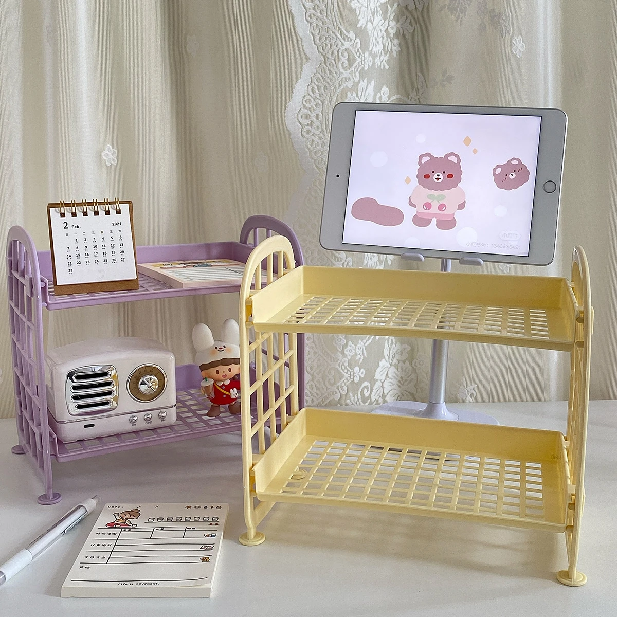 Organizador de Armazenamento para Quarto, Prateleira de Armazenamento Kawaii de 2 Camadas para Cosméticos e Joias, Prateleira de Armazenamento para Banheiro