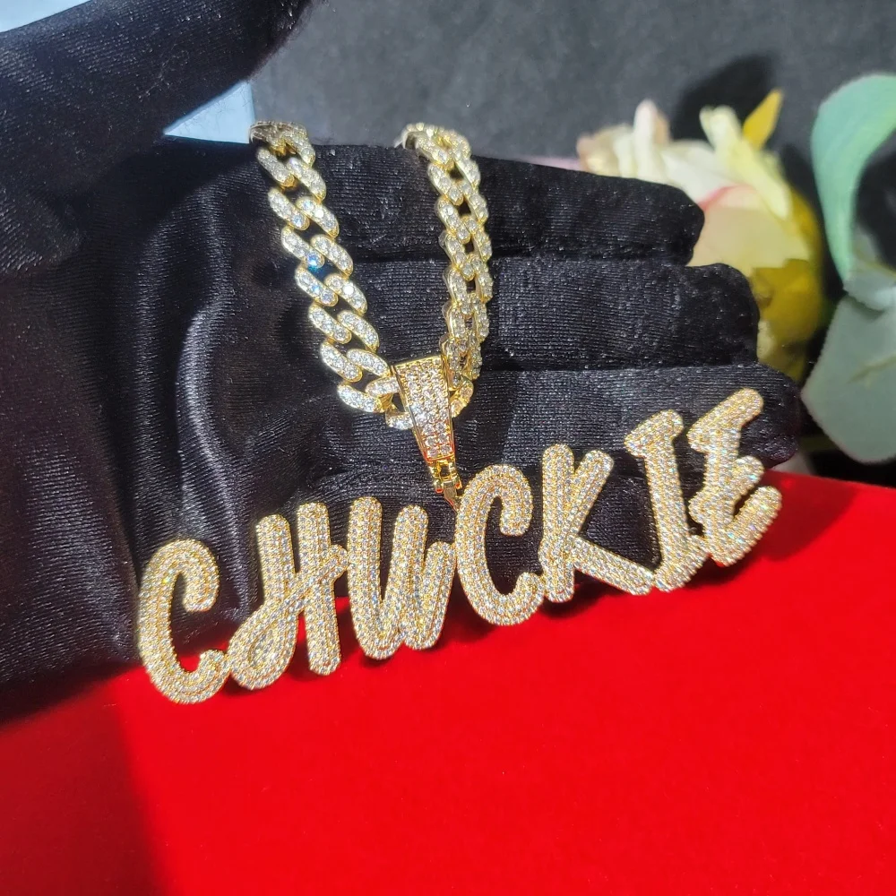 

ICECHARMI Custom Cursive Letters Iced Out Cubic Zirconia Trendy Personalized Pendant Punk Hiphop style Gift For Men Women