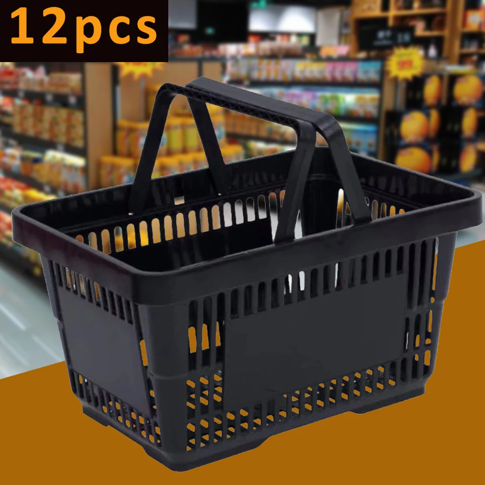 

28L Large Plastic Shopping Basket Market Grocery Retail Store With Handles Black 12PCS Plastic Shopping Baskets