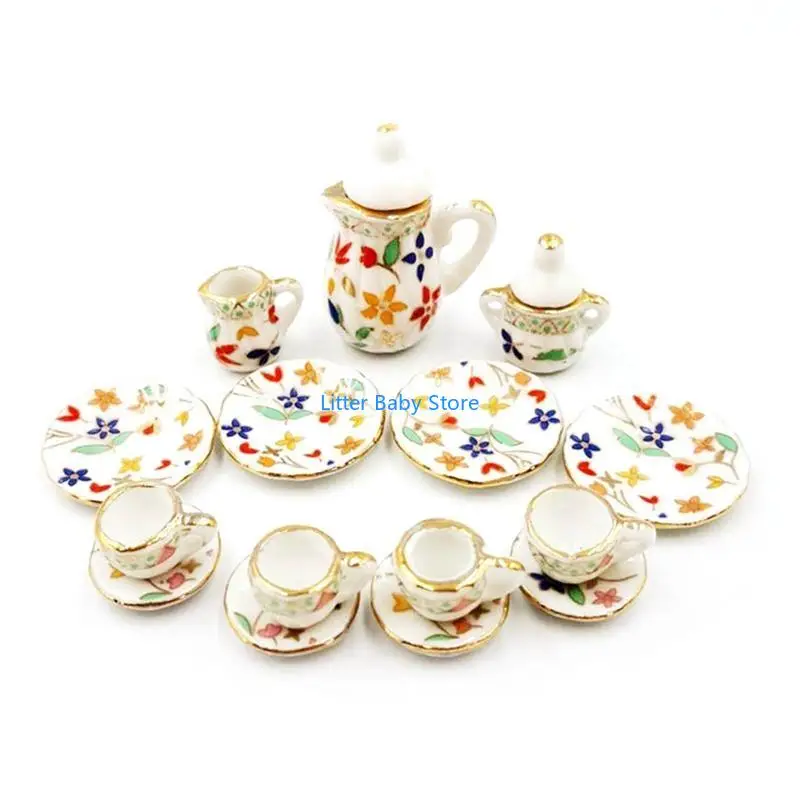 N80C Simulation Mini l'après-midi tasse à thé ensemble 15pcs Modèle Modèle Dollhouse Ornement Kitchen Tea Ware Toy Pretend for G