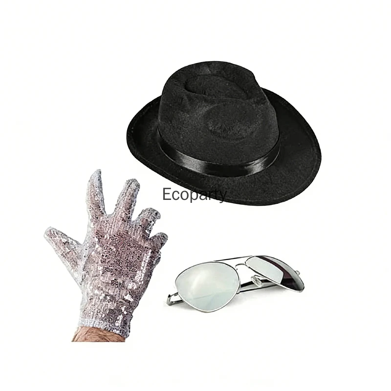 3pcs Set Pop King Jackson Costume Accessories Retro Sequin GlovesBlack Fedora Hat Sunglasses for 80s Adult Hallowee Dress Up