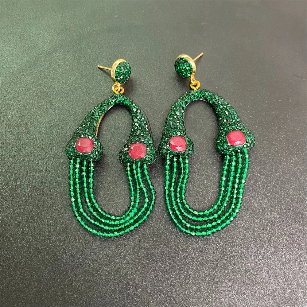 

Ethnic Emerald Green Spinel Tassel Earrings for Women Handmade Beaded Rhinestone Crystal Dangle Multi-layers Waterfall Jewelry